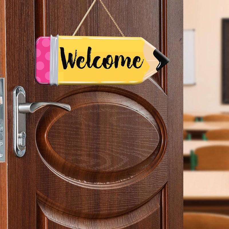 Demonwer Back to School Welcome Sign Cute School Pencil Wooden Hanging Decoration Welcome Back to School Door Hanger for Teacher Student Classroom Front Porch - Image 5
